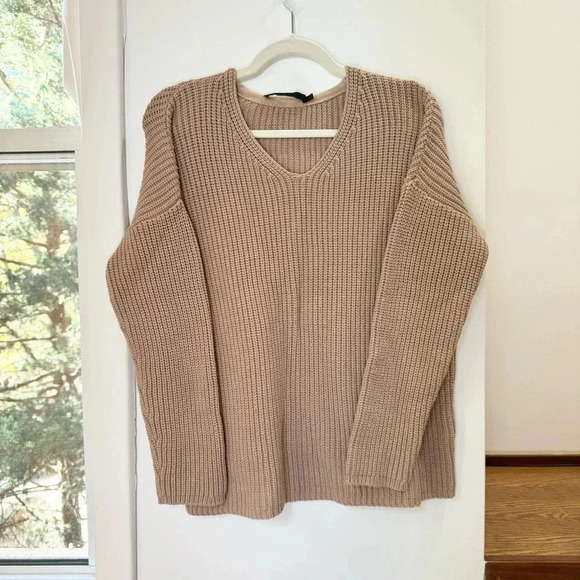 Jenni Kayne Cotton Cabin Sweater Oatmeal V Neck Oversized Knit Pullover Brown - Picture 5 of 13